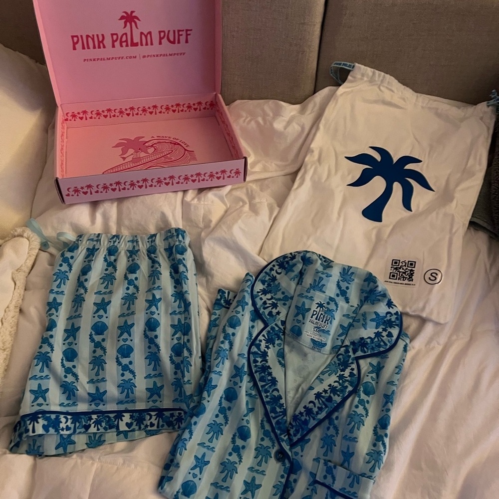 Pink Palm Puff Blue Starfish Pajama Set